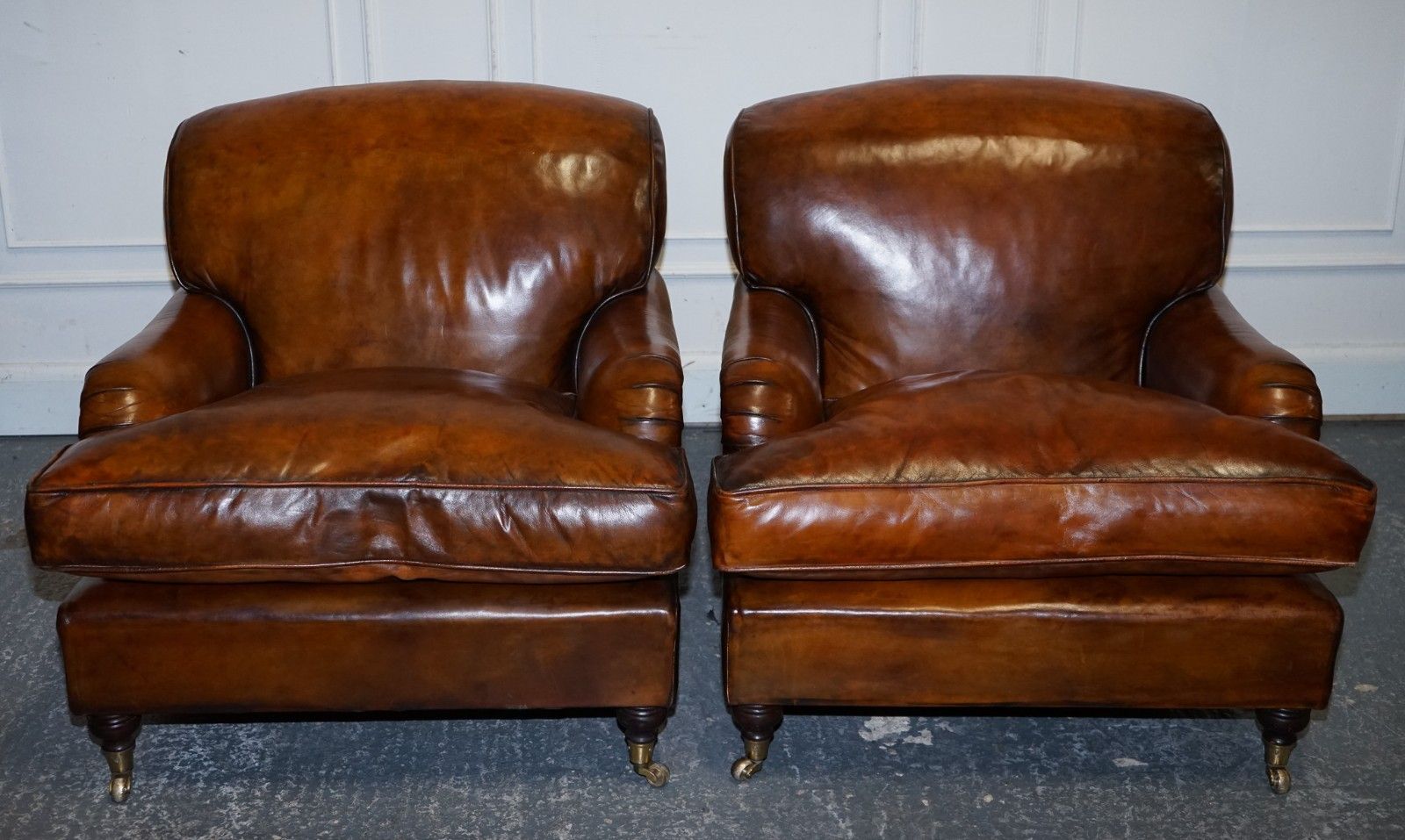 Large Pair Howard Style Hand Dyed Leather Armchairs Feather Filled Cushions photo for sale