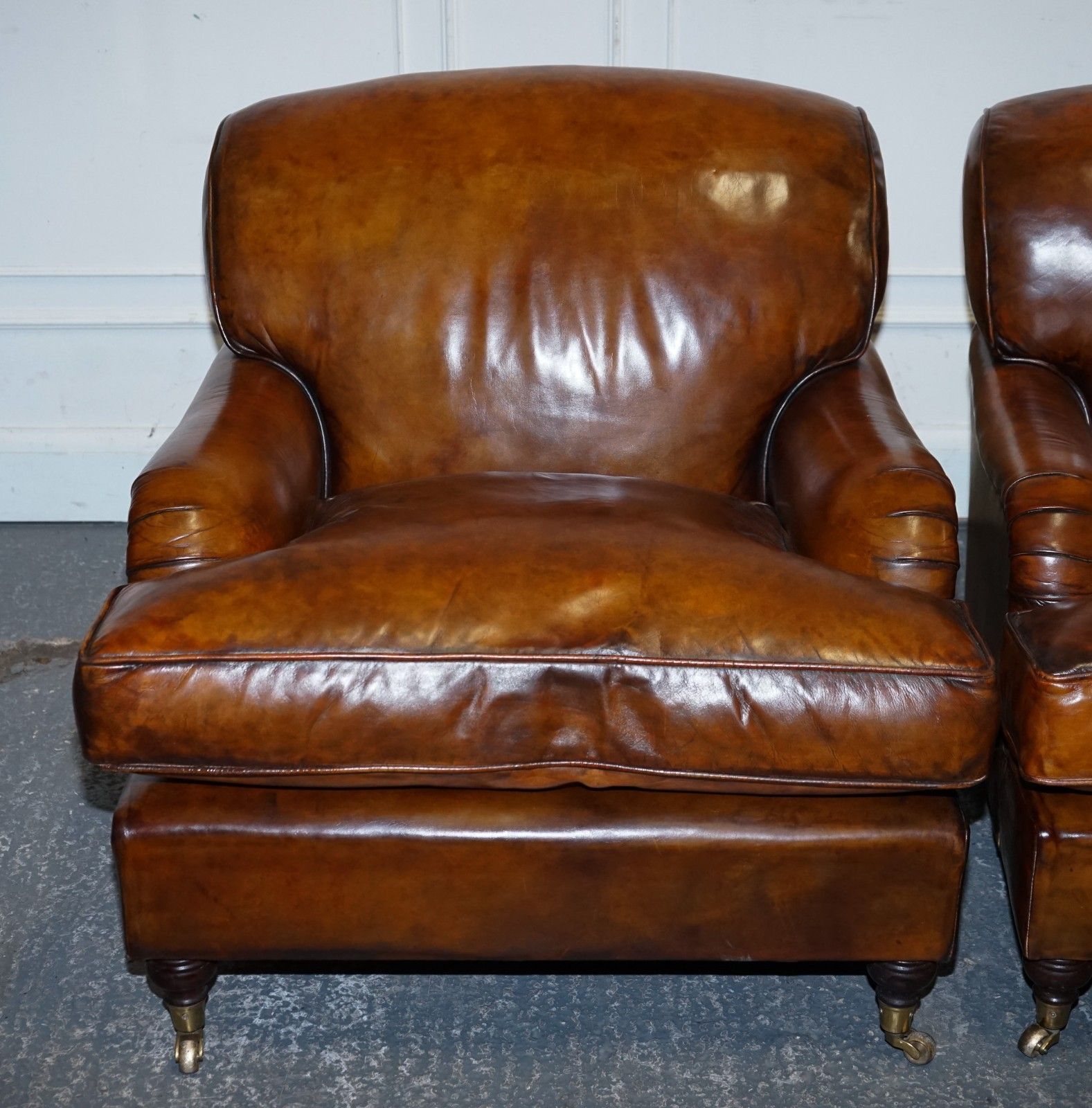 Large Pair Howard Style Hand Dyed Leather Armchairs Feather Filled Cushions photo Furniture