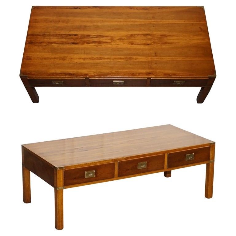 Vintage Yew Wood Brass Military Campaign 3 Drawer Coffee Table