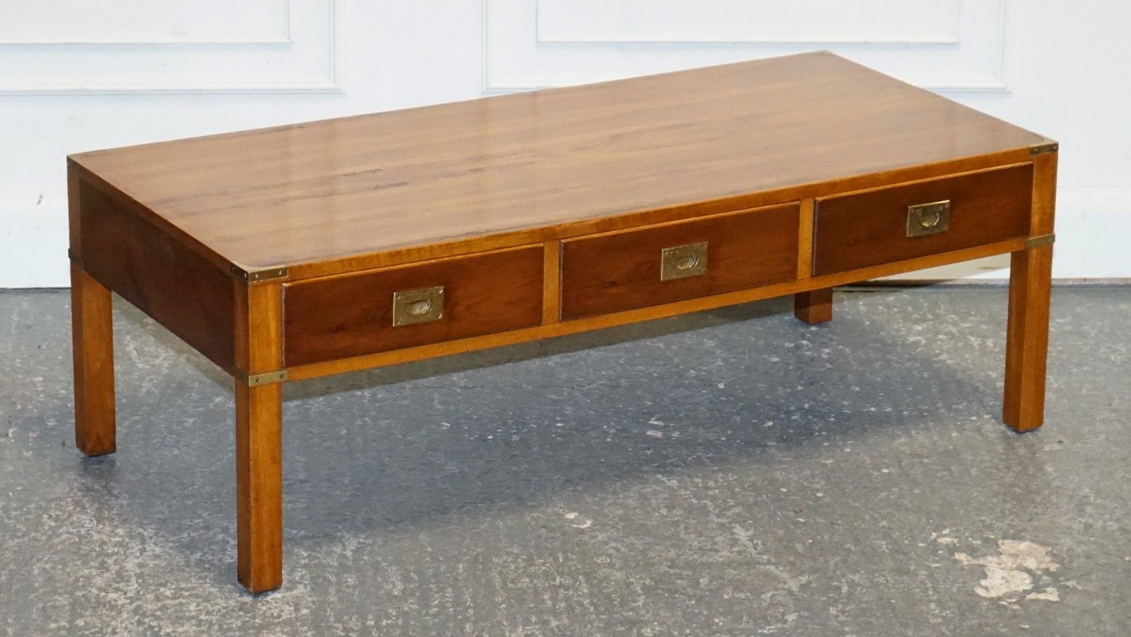 Vintage Yew Wood Brass Military Campaign 3 Drawer Coffee Table photo furniture