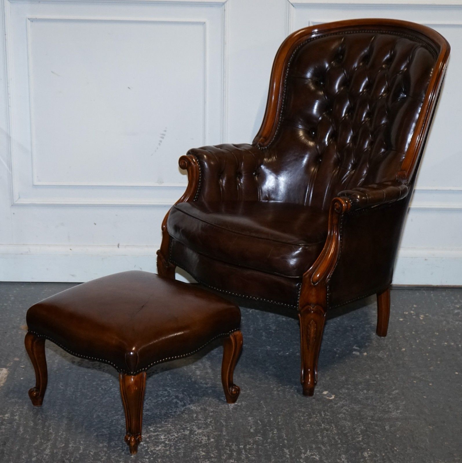 Antique Show Framed Victorian Chesterfield Dyed Leather Armchair & Footstool photo for sale