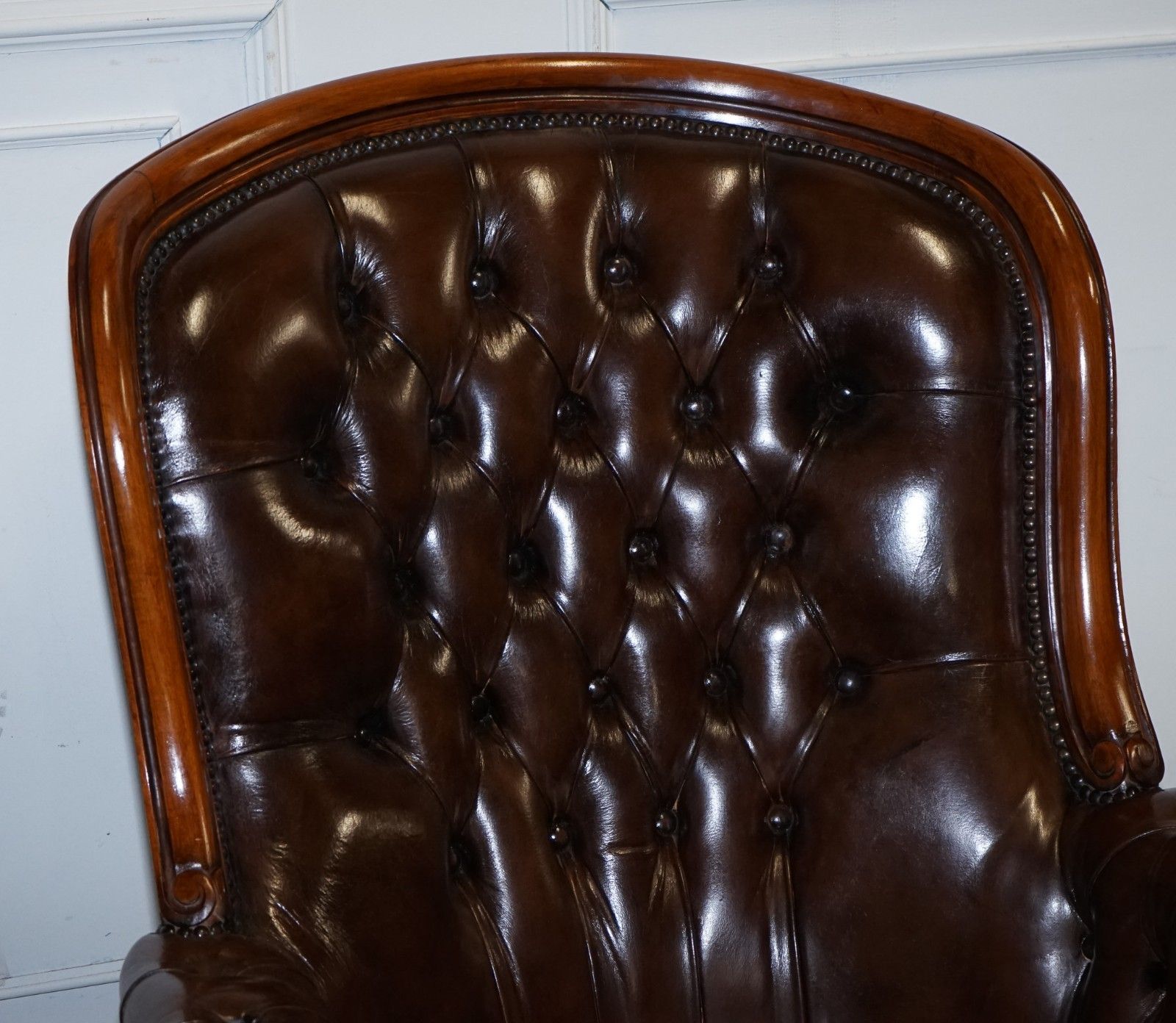 Antique Show Framed Victorian Chesterfield Dyed Leather Armchair & Footstool photo 2750.0