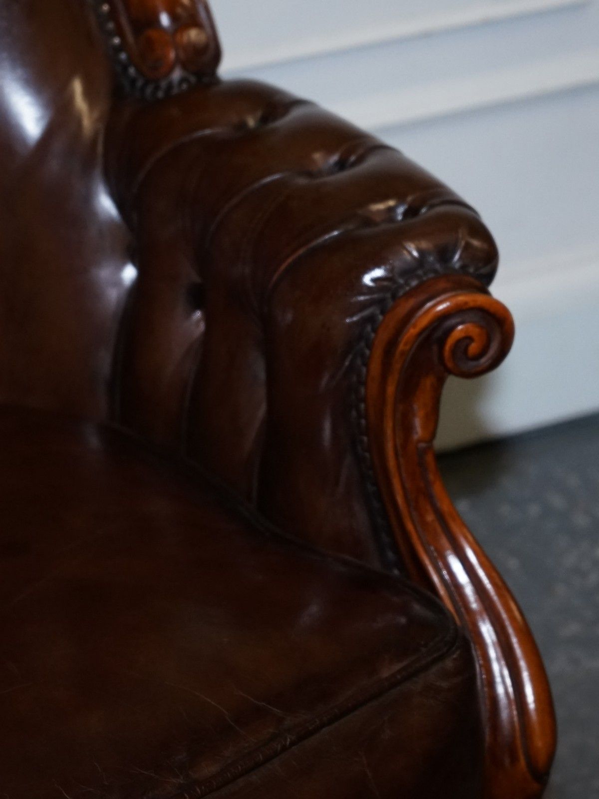 Antique Show Framed Victorian Chesterfield Dyed Leather Armchair & Footstool photo buy