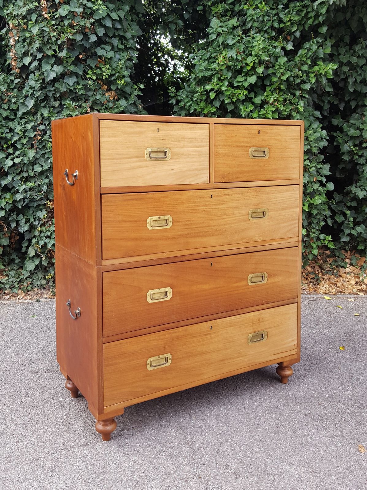 Antique Military Campaign Teak Chest Of 5 Drawers