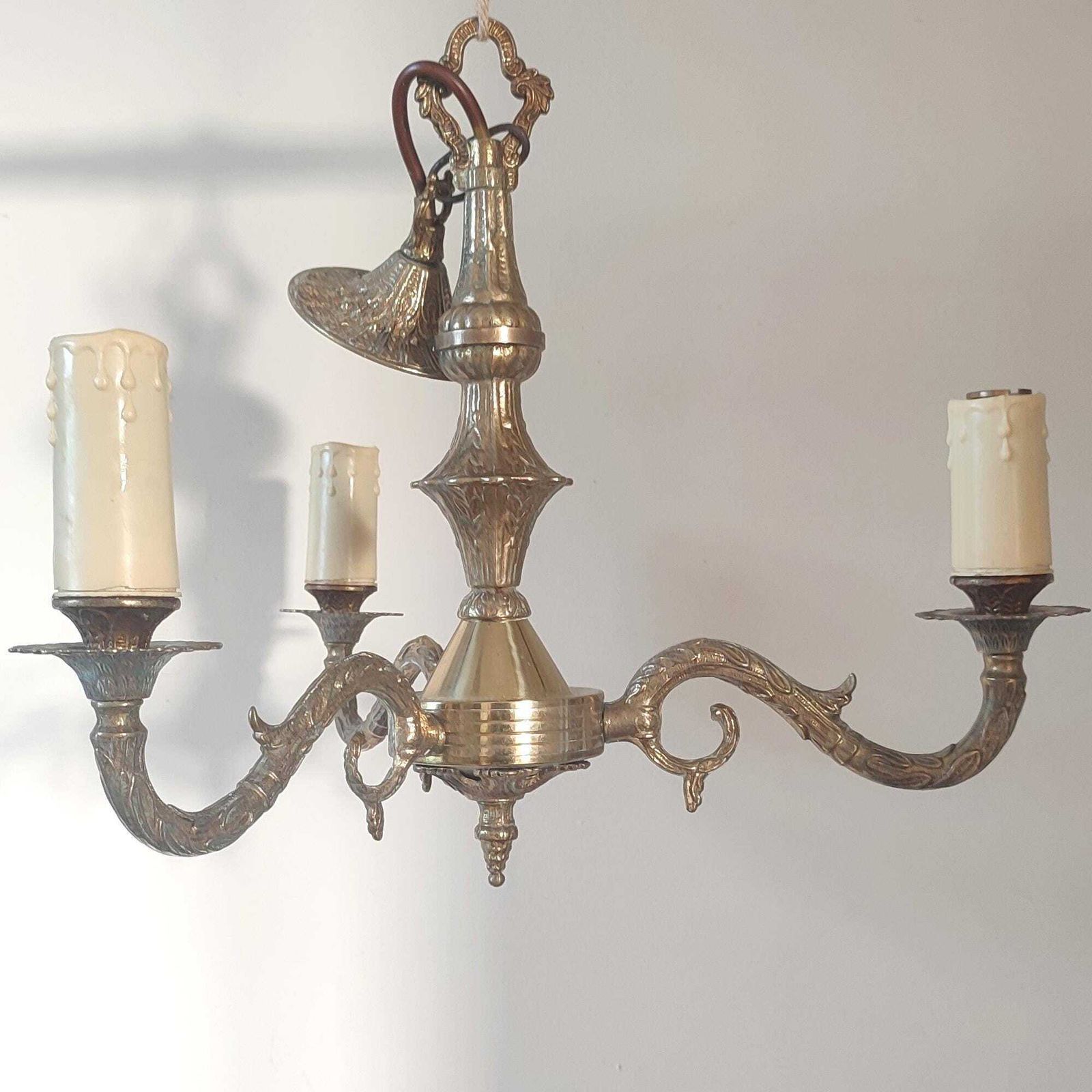Antique Brass Three Arm Chandelier – Ornate Rococo Revival Ceiling Light (C.1900)