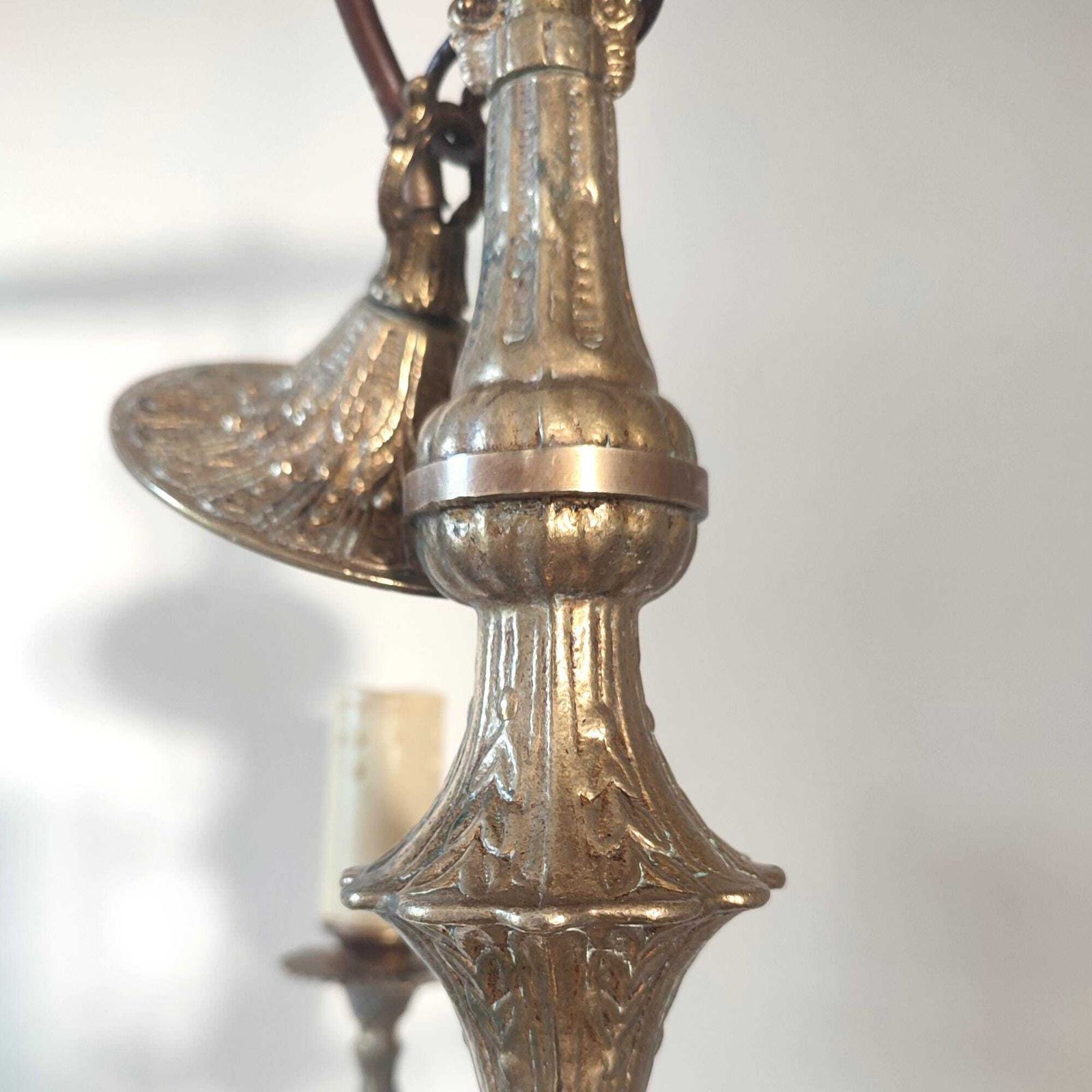 Antique Brass Three Arm Chandelier – Ornate Rococo Revival Ceiling Light (C.1900) photo vinterior