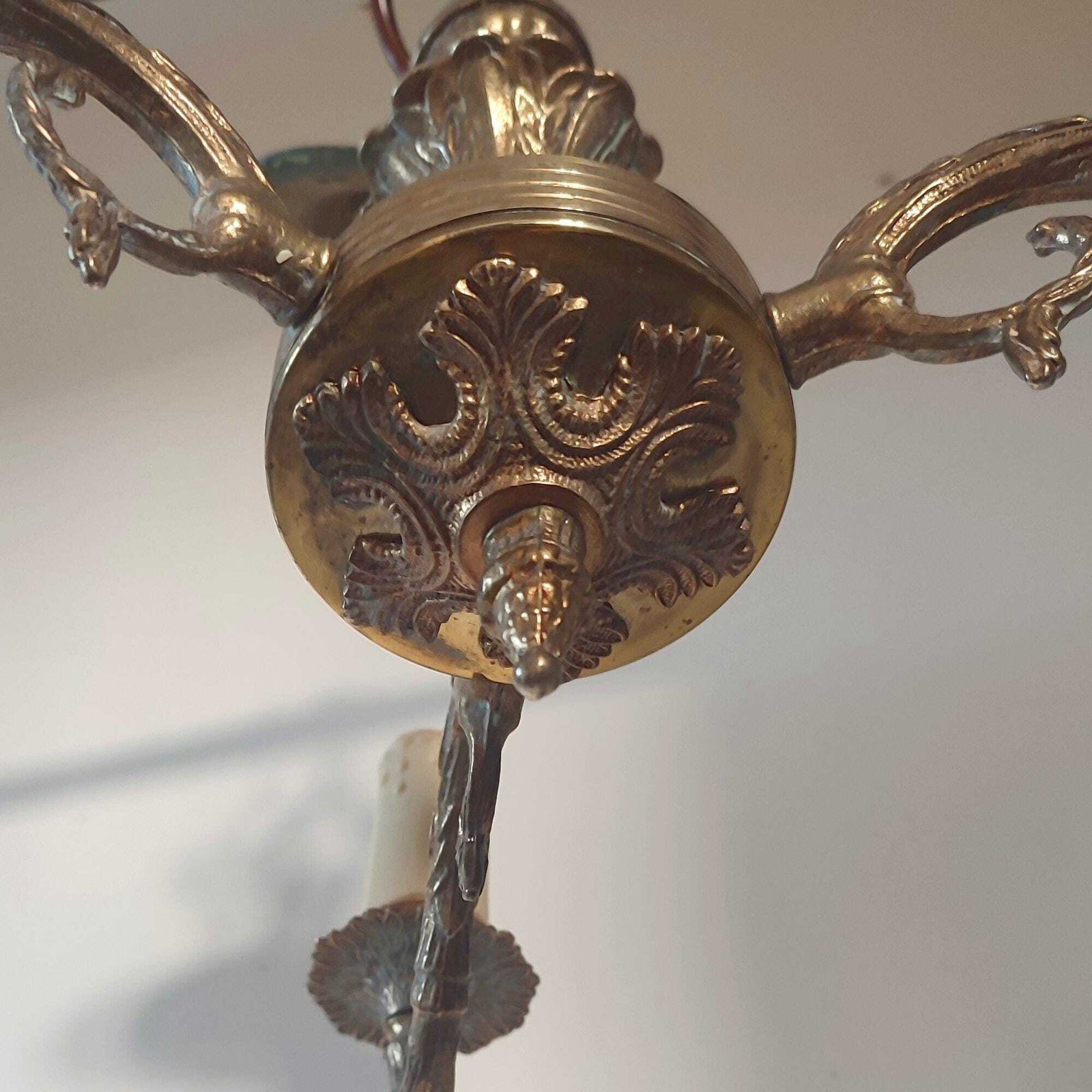 photo for sale Antique Brass Three Arm Chandelier – Ornate Rococo Revival Ceiling Light (C.1900)