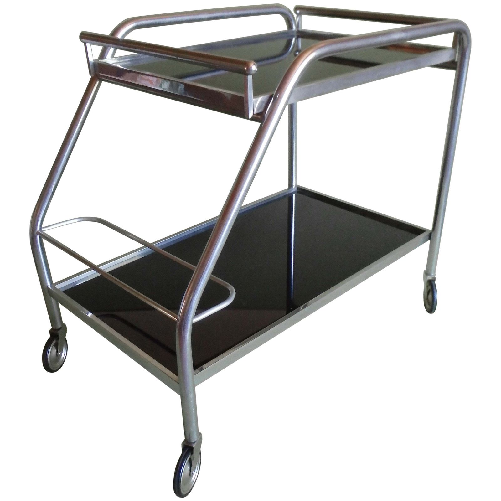 Art Deco Chrome Trolley With Black Glass And Removable Serving Tray