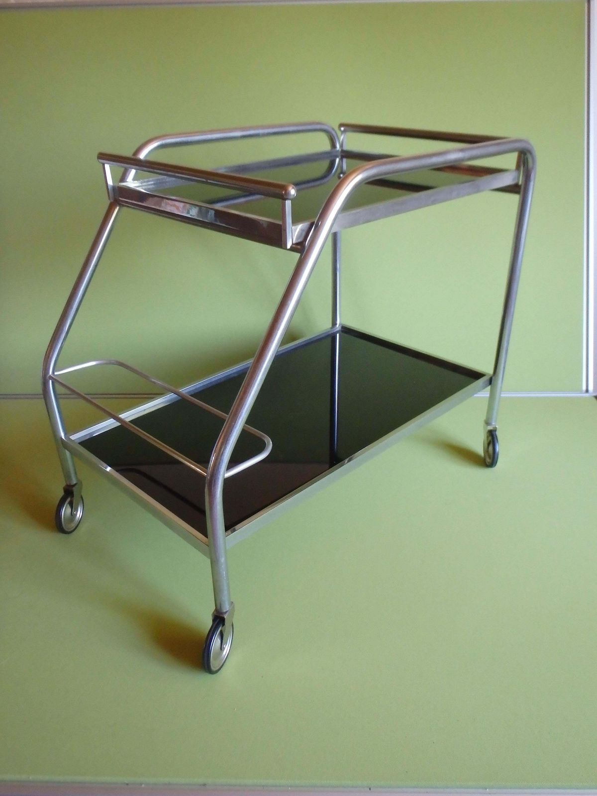 Art Deco Chrome Trolley With Black Glass And Removable Serving Tray photo vinterior