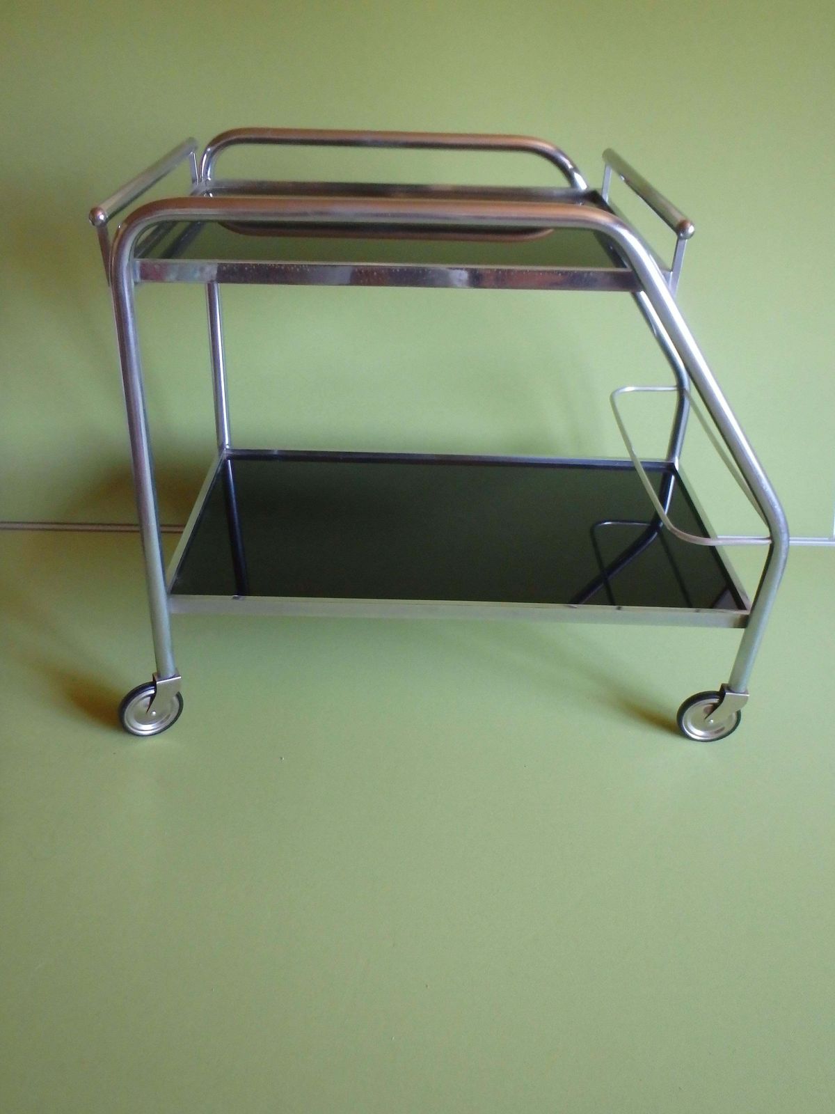 Art Deco Chrome Trolley With Black Glass And Removable Serving Tray photo buy