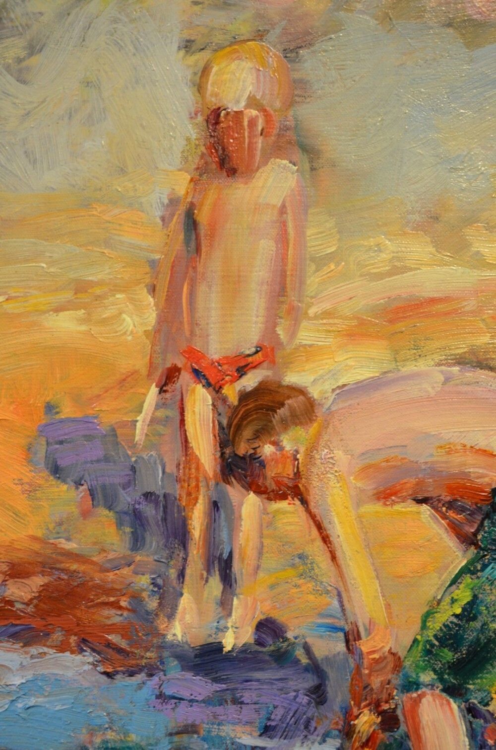 photo for sale Beautiful Oil On Canvas. Children Playing On The Beach By Jeffrey Pratt B.1940