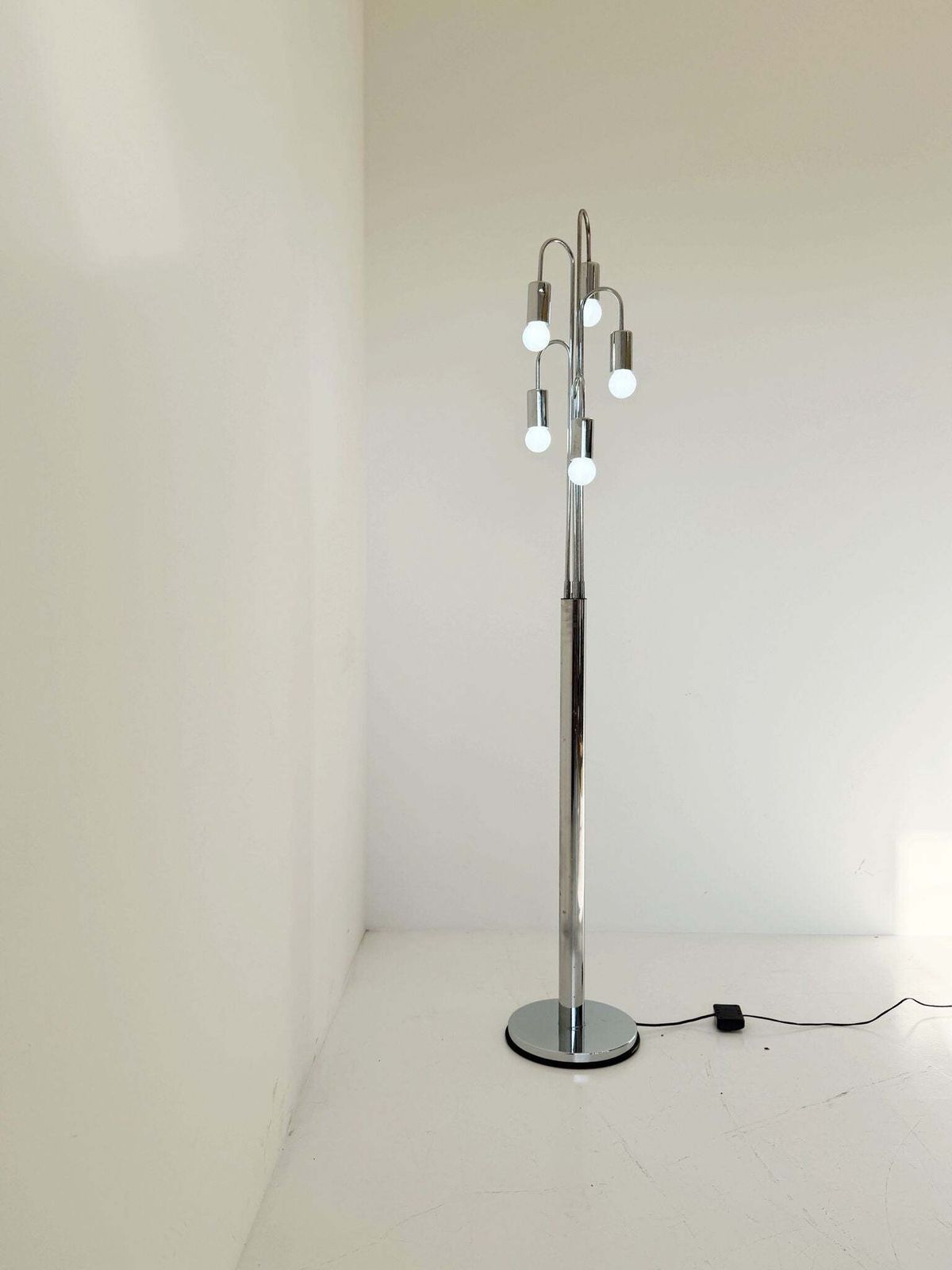 Vintage Floor Lamp In Chromed Metal, With A Sculptural And Luminous Design.