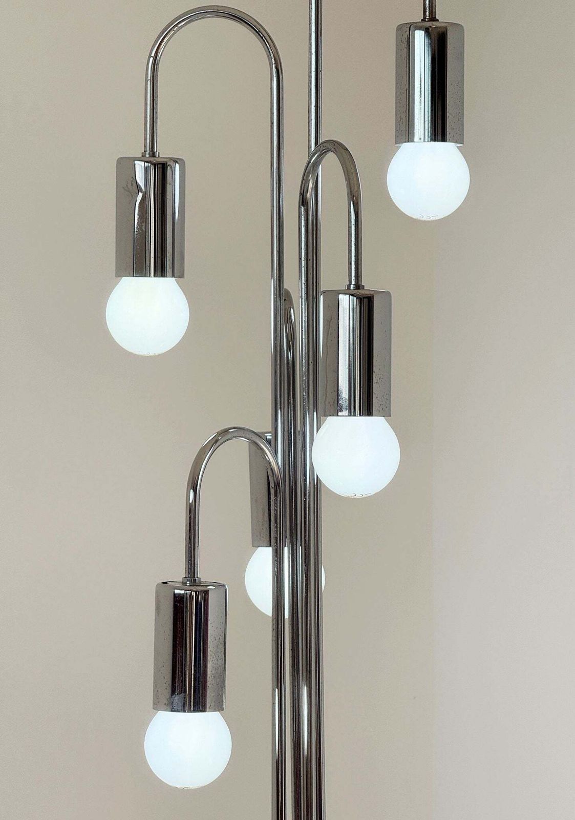 Vintage Floor Lamp In Chromed Metal, With A Sculptural And Luminous Design. photo for sale