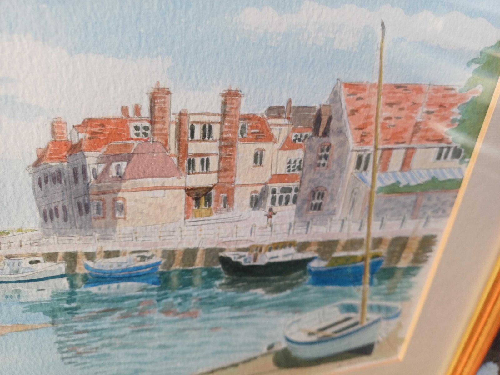 Framed Watercolour Harbour Painting Of Blakeney, Norfolk By A. Holness, Vintage Coastal Art photo vinterior