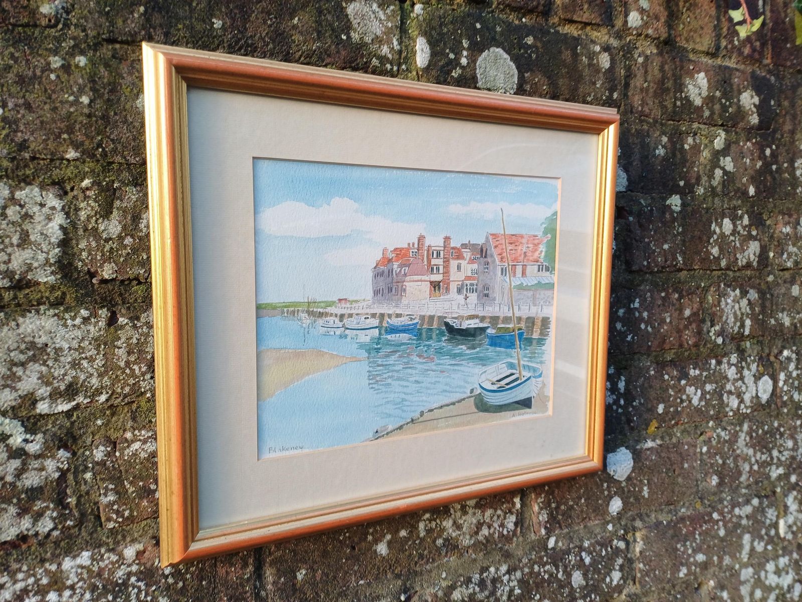 Art Framed Watercolour Harbour Painting Of Blakeney, Norfolk By A. Holness, Vintage Coastal Art photo