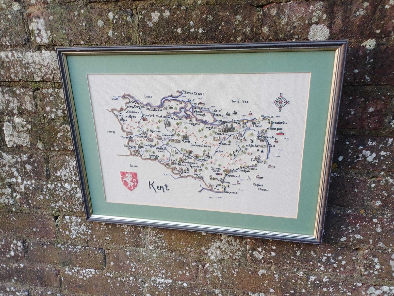 Vintage Embroidered Map Of Kent, Framed Needlework County Map, Handmade Textile Wall Art