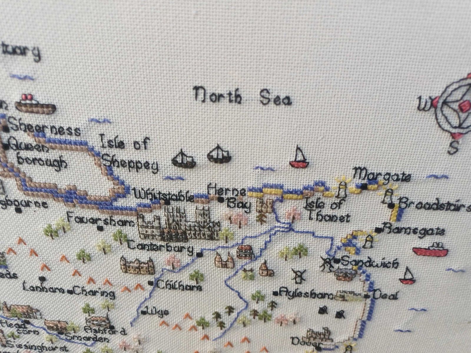 Vintage Embroidered Map Of Kent, Framed Needlework County Map, Handmade Textile Wall Art photo vinterior
