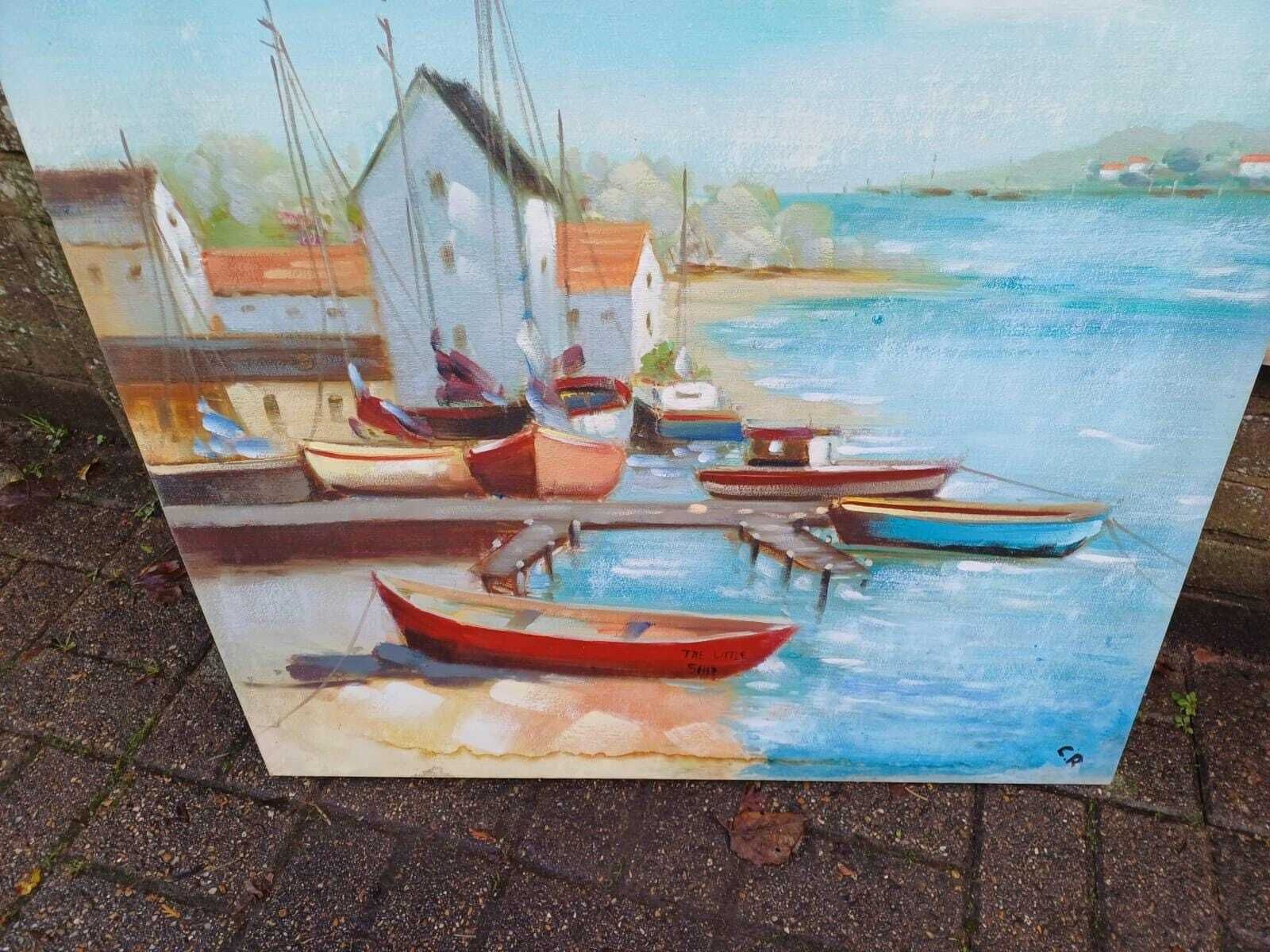 Two Large Vintage Coastal Boat Paintings On Canvas, Seascape Art Pair, Beach Harbour Wall Decor (80cm X 80cm) photo buy