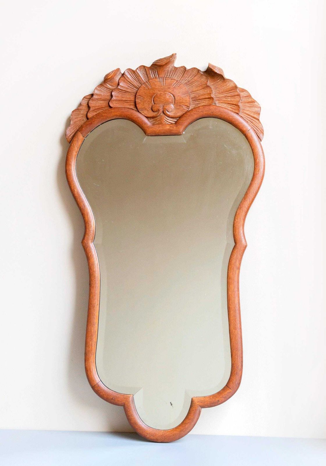 Antique Carved Oak Wall Mirror – Shell Pediment – Large Dark Brown Wooden Mirror – Beveled Glass photo 411.0