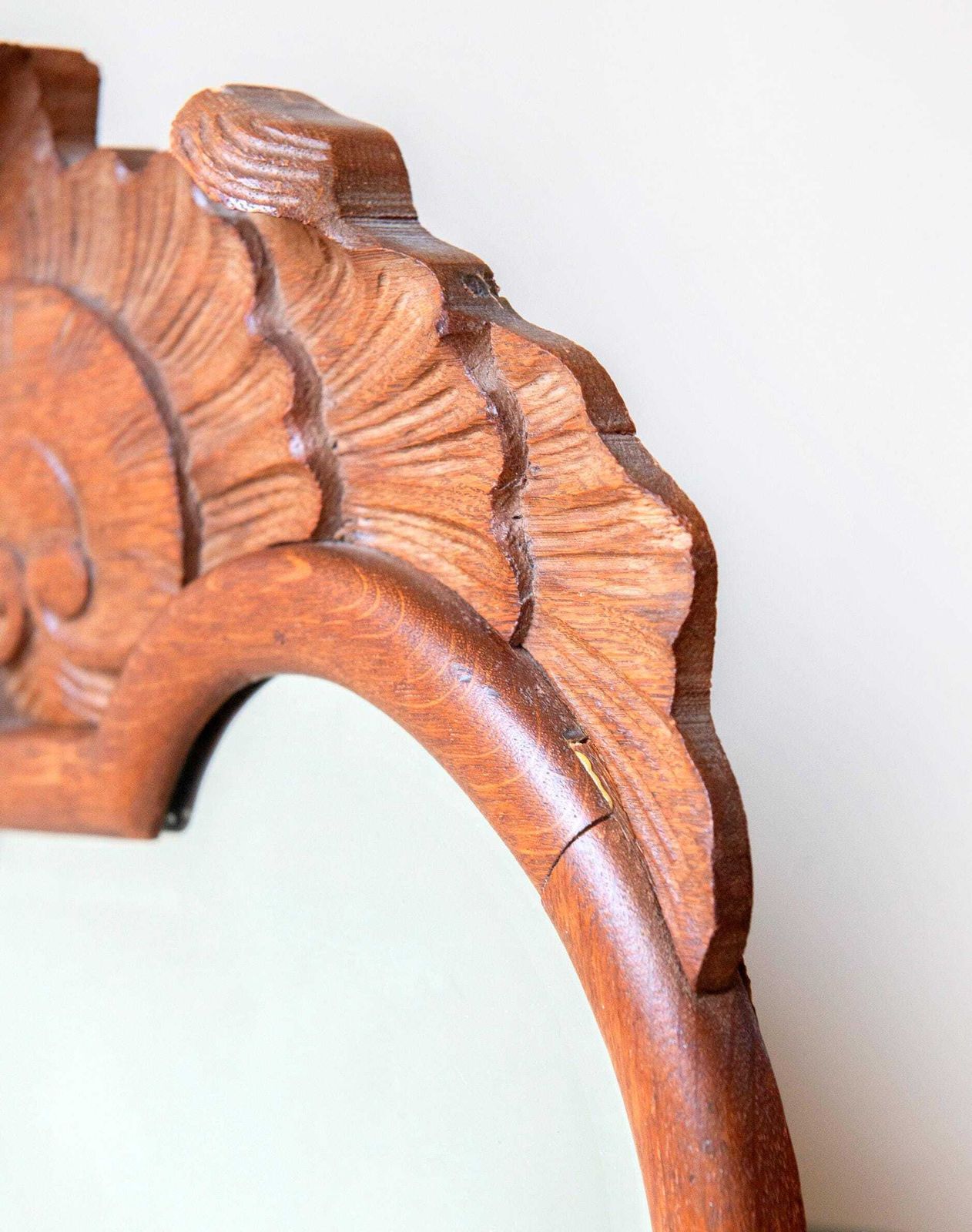 Home Decor Antique Carved Oak Wall Mirror – Shell Pediment – Large Dark Brown Wooden Mirror – Beveled Glass photo