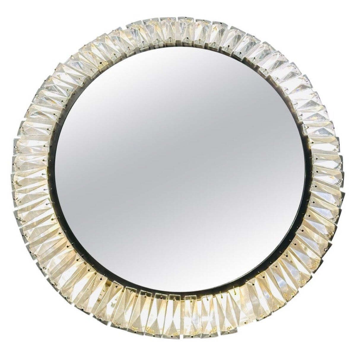 1960s Austrian Bakalowits & Söhne Illuminated Faceted Crystal & Polished Chrome Wall Mirror