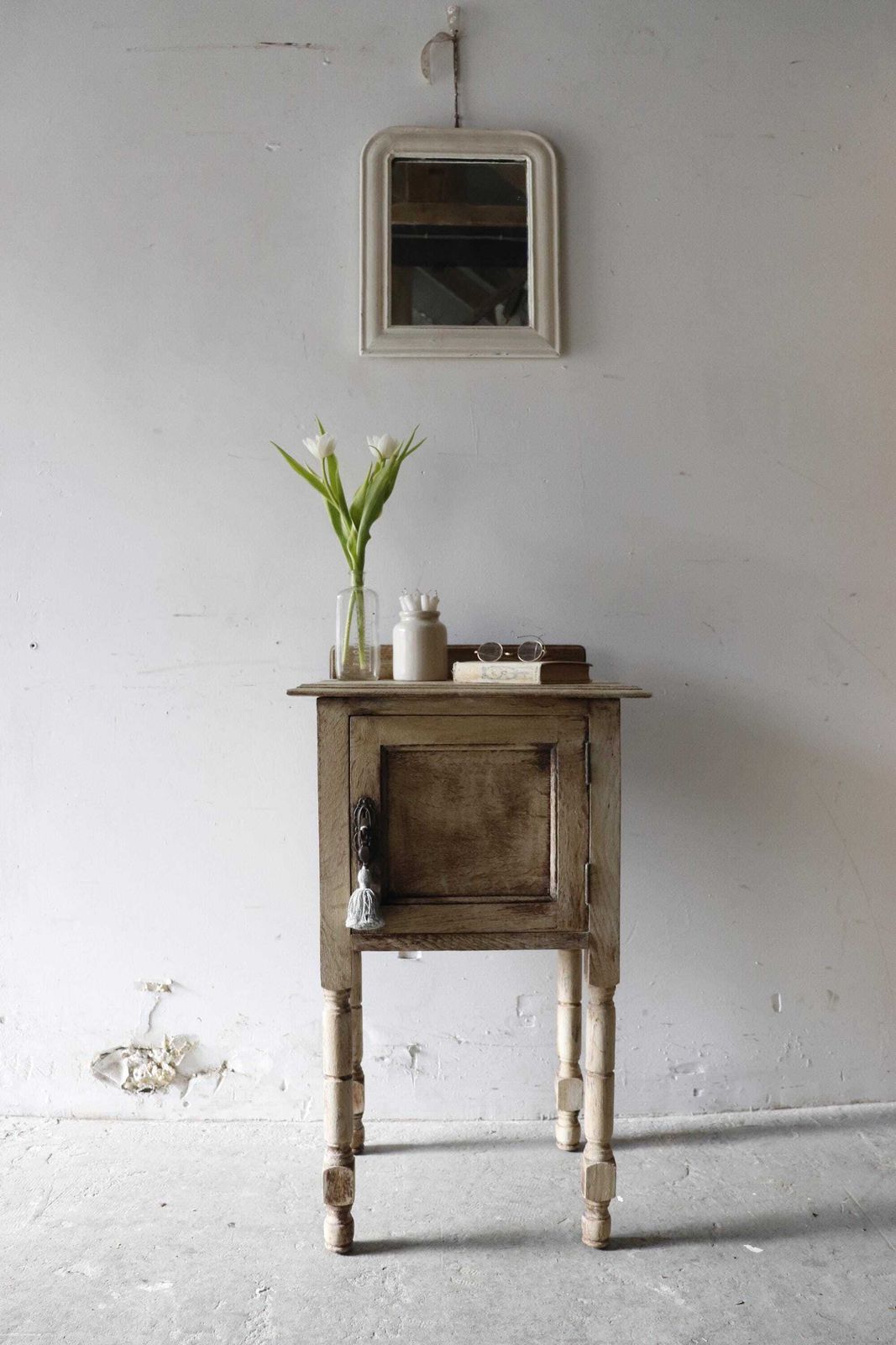 Stripped French Oak Washstand Or Bedside Cabinet With Duck Egg Interior