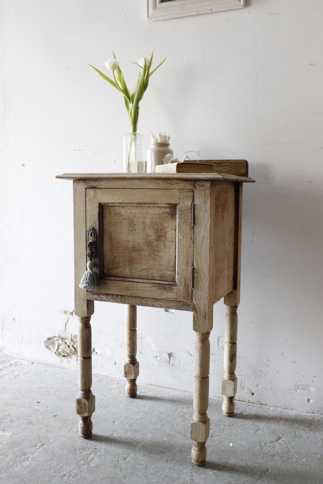 Stripped French Oak Washstand Or Bedside Cabinet With Duck Egg Interior photo for sale