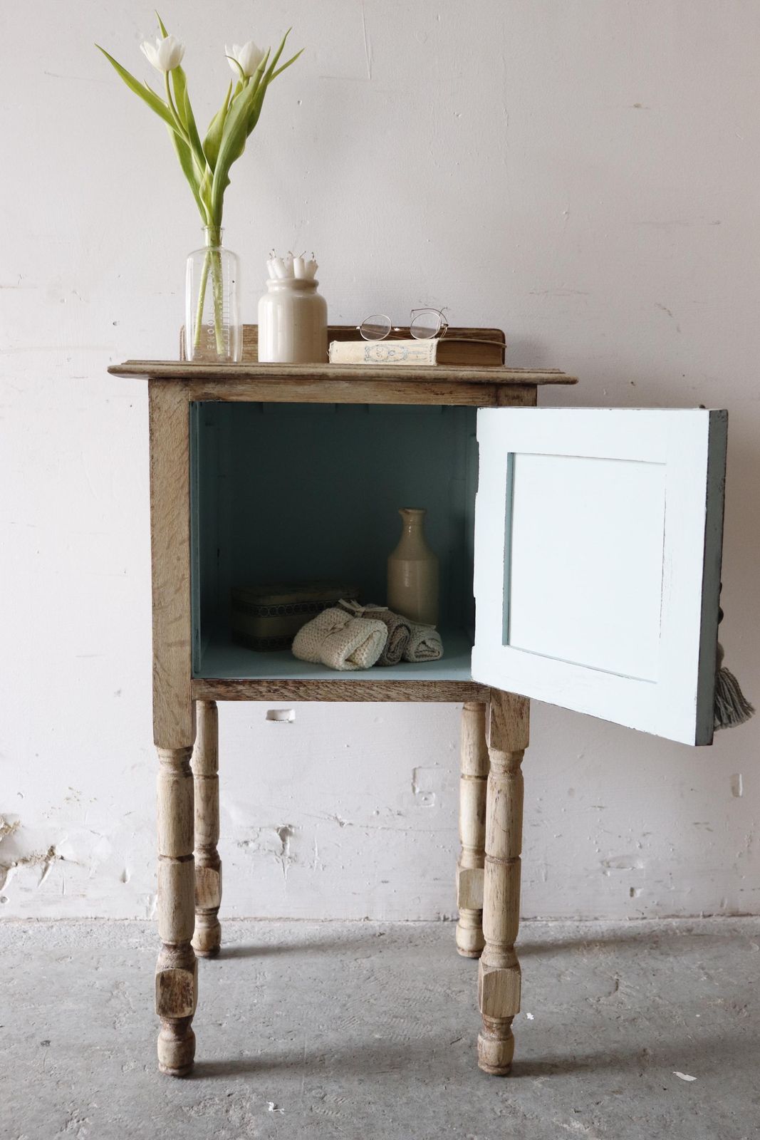 Stripped French Oak Washstand Or Bedside Cabinet With Duck Egg Interior photo vintage