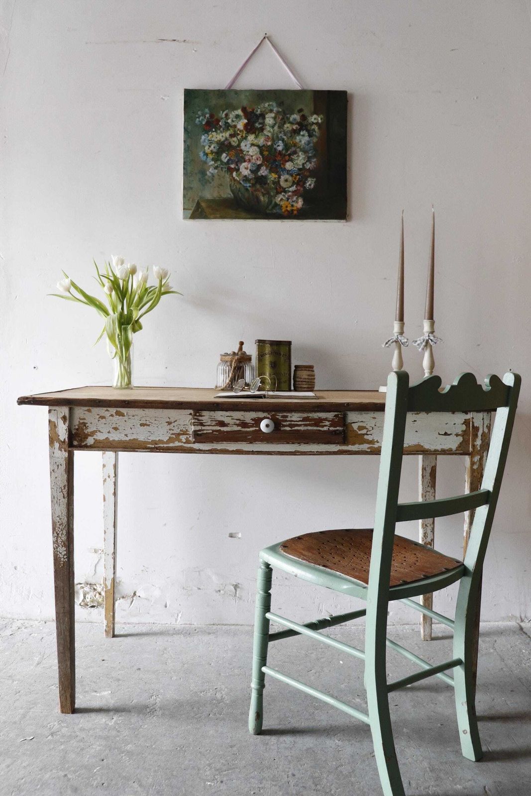 Original French Pine Kitchen Table Or Desk With White Painted And Distressed Finish