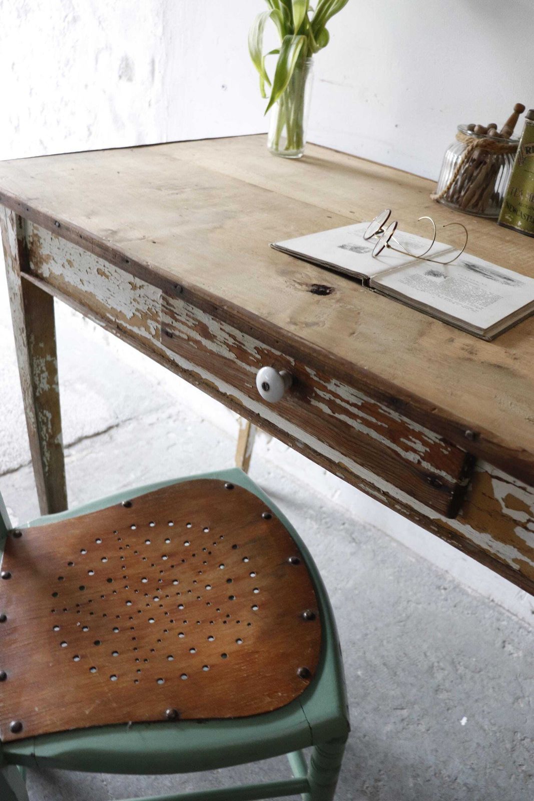 Original French Pine Kitchen Table Or Desk With White Painted And Distressed Finish photo vinterior