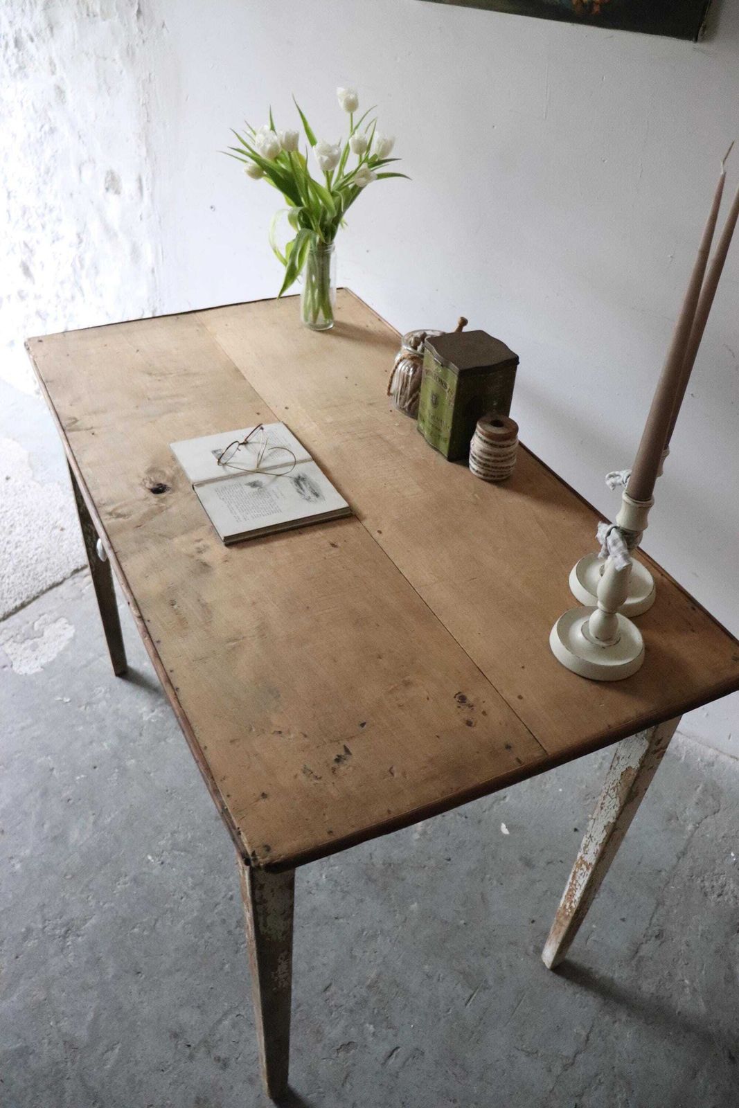 Furniture Original French Pine Kitchen Table Or Desk With White Painted And Distressed Finish photo