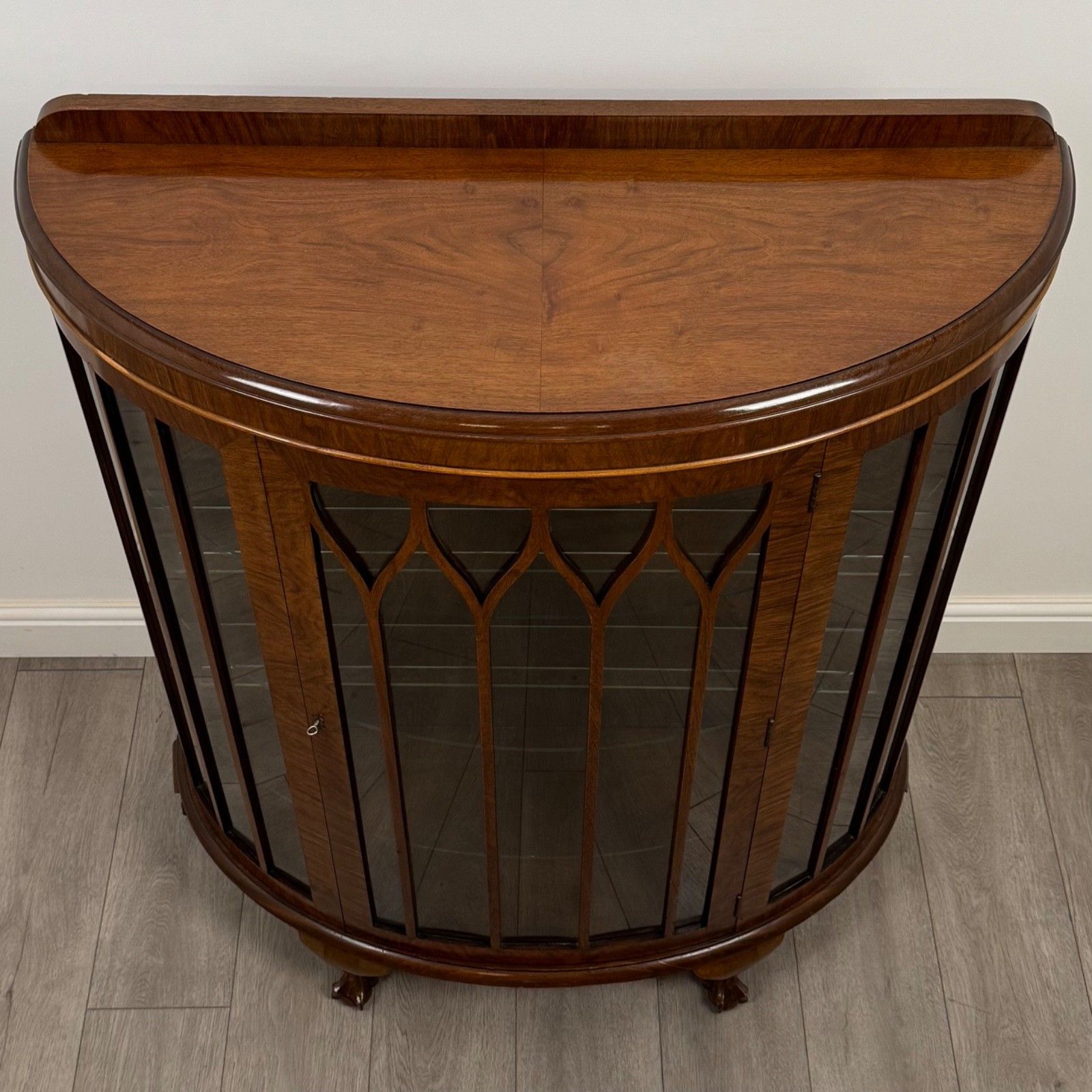 photo for sale Antique 20th Century Demi Lune Display Cabinet In Mahogany