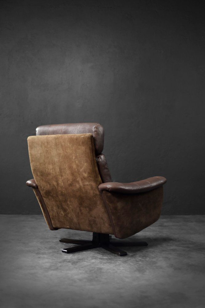 Mid Century Danish Modern Brown Leather Swivel Armchair From Lystager Industri, 1970s photo Furniture