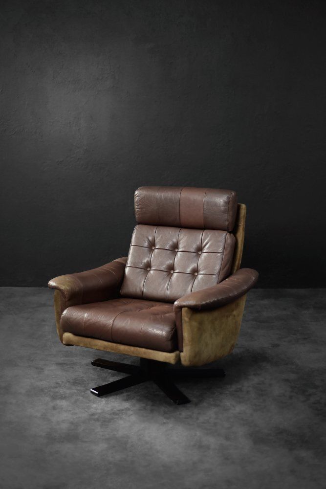 Mid Century Danish Modern Brown Leather Swivel Armchair From Lystager Industri, 1970s photo vinterior