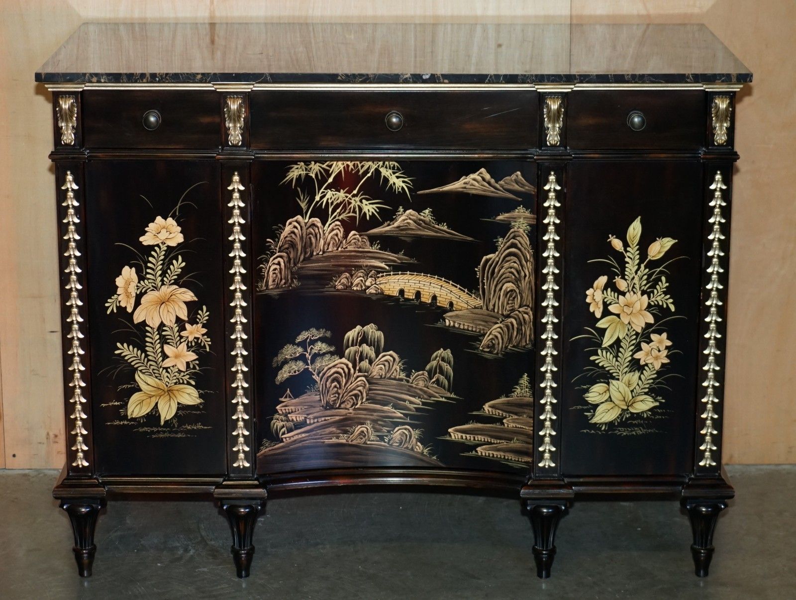Stunning Large Marble Topped Chinese Chinoiserie Sideboard With Space For Fridge photo for sale