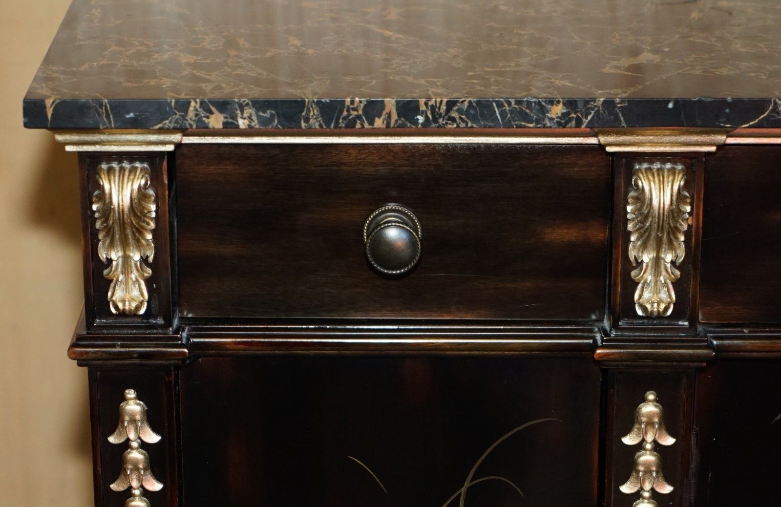 photo for sale Stunning Large Marble Topped Chinese Chinoiserie Sideboard With Space For Fridge
