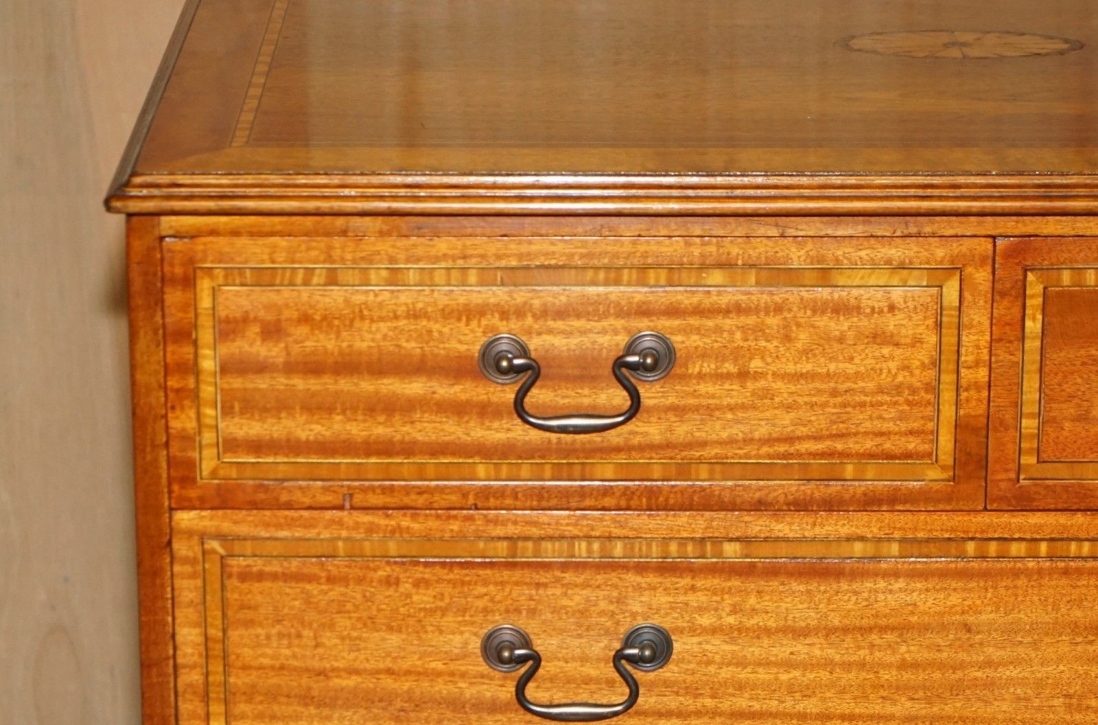 Pair Of Restored Mahogany & Satinwood Antique Sheraton Revival Chest Of Drawers photo for sale