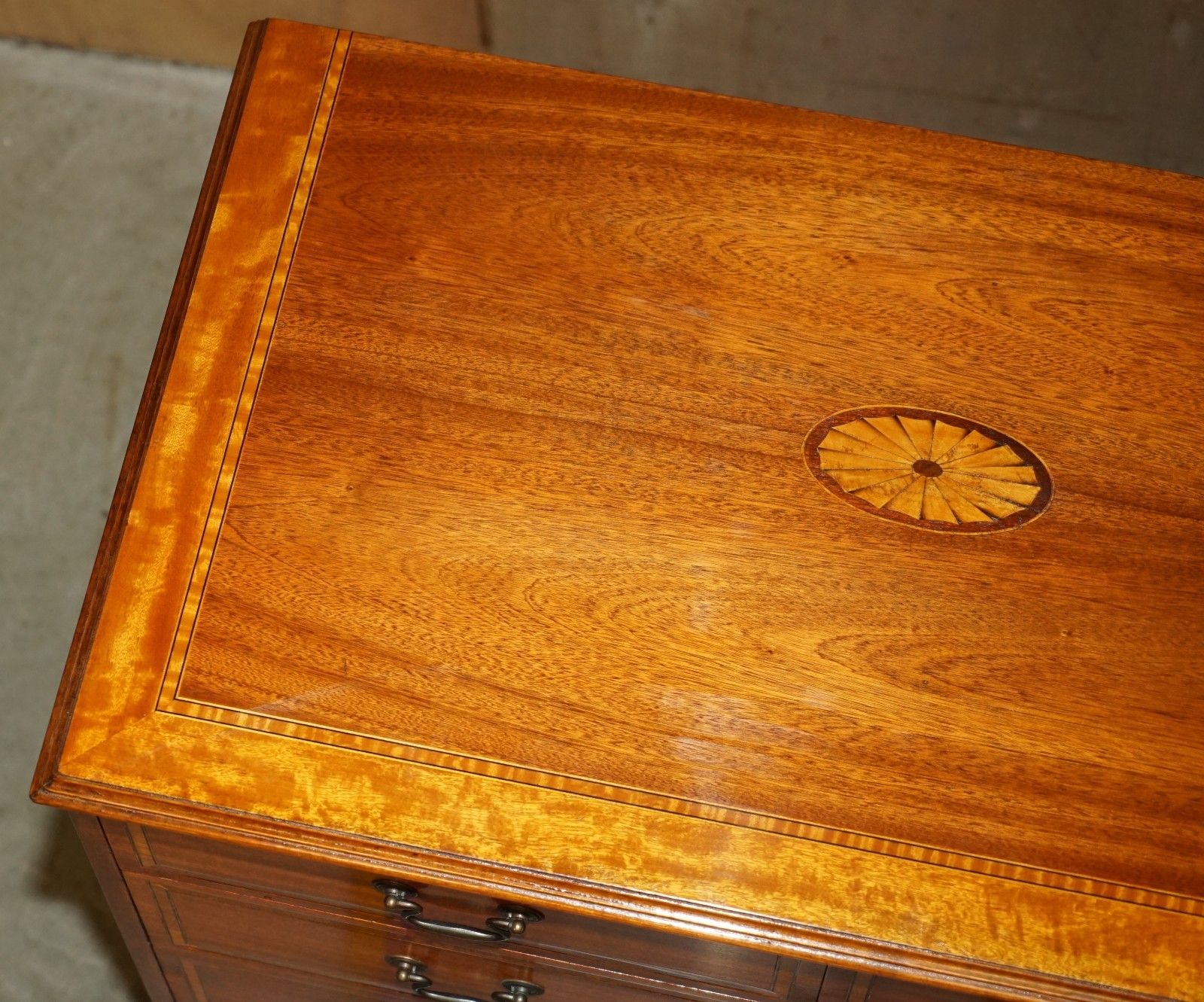 Pair Of Restored Mahogany & Satinwood Antique Sheraton Revival Chest Of Drawers photo buy