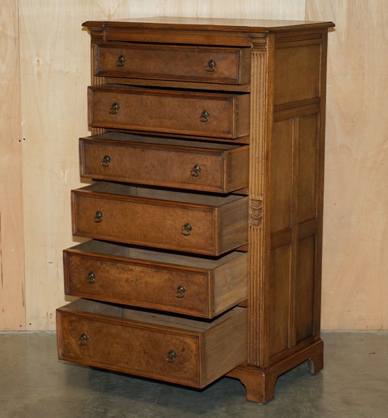 photo vintage Stunning Antique Circa 1900 Pollard Burr Burl Oak Large Tallboy Chest Of Drawers