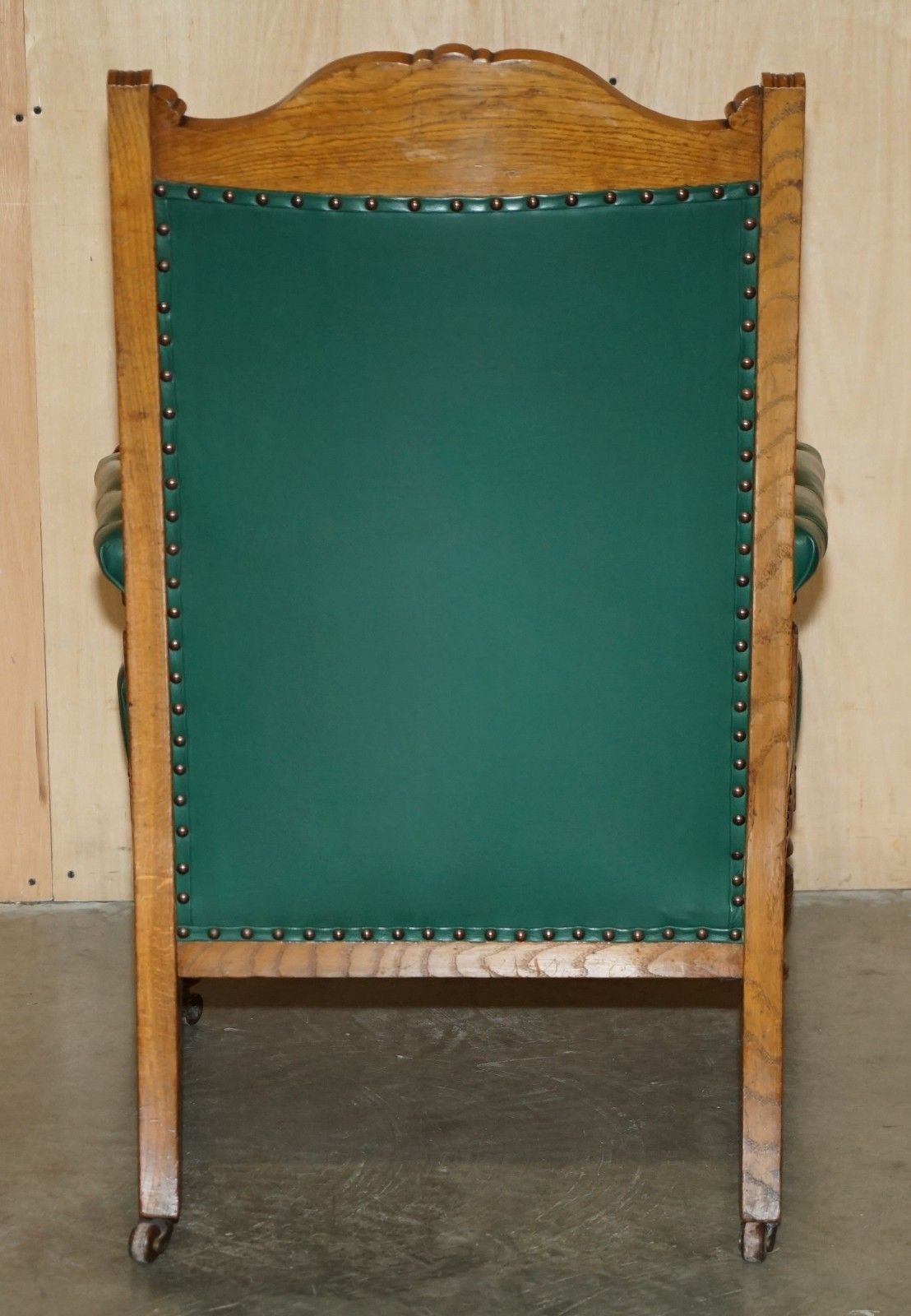 photo buy Pair Of Antique Victorian Hand Carved English Oak & Leather Library Armchairs
