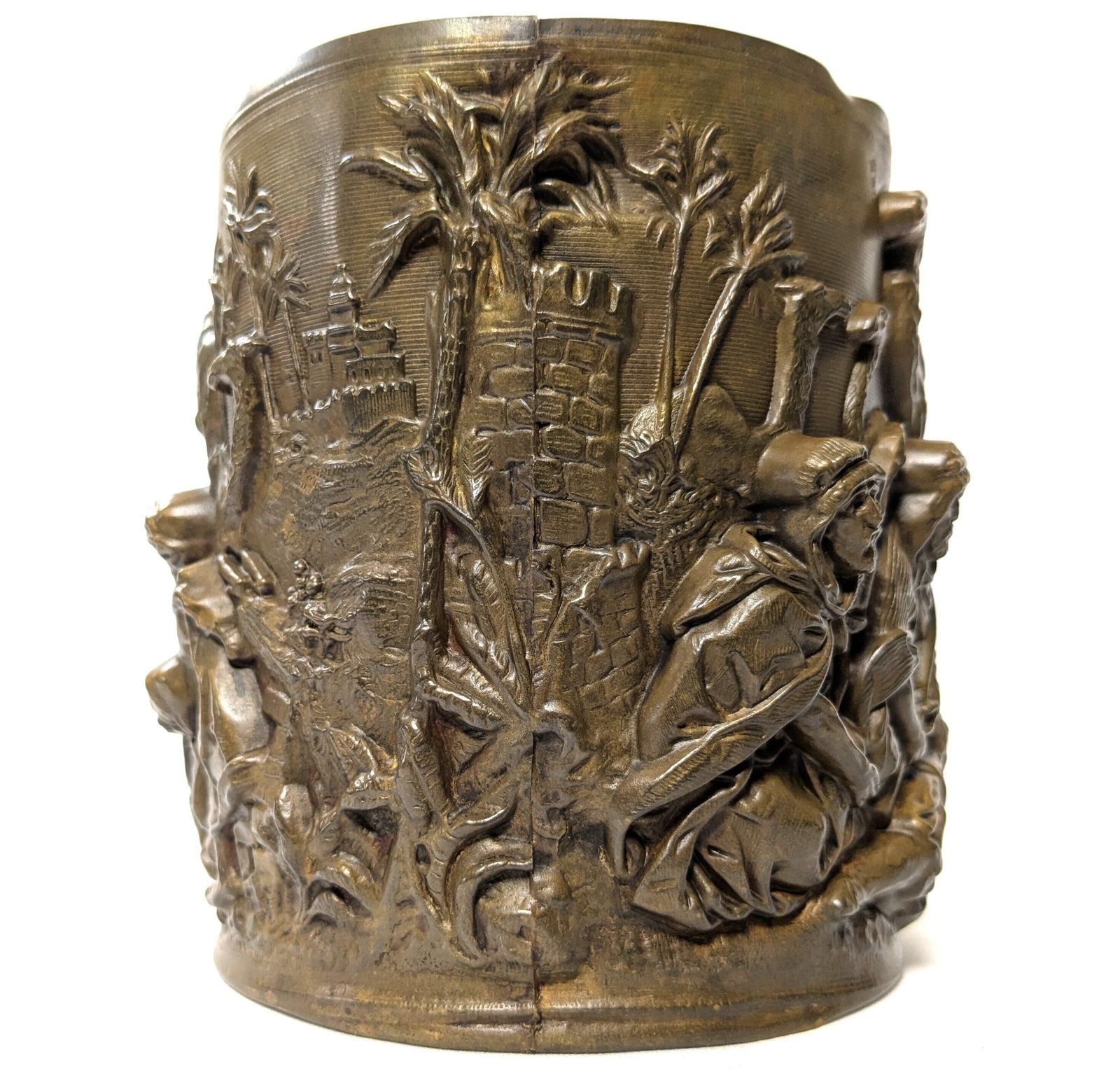 Antique Orientalist Brass Cylindrical Repousse Desert Scene In High Relief photo 280.0