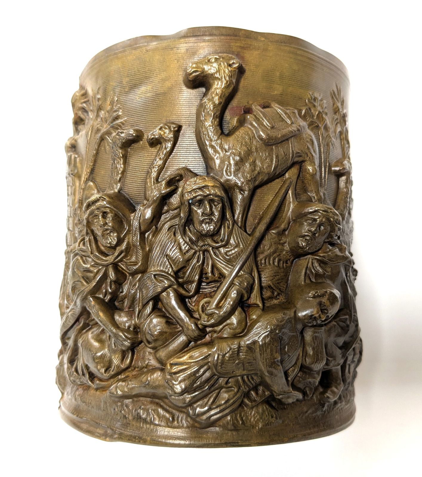 Antique Orientalist Brass Cylindrical Repousse Desert Scene In High Relief photo vintage