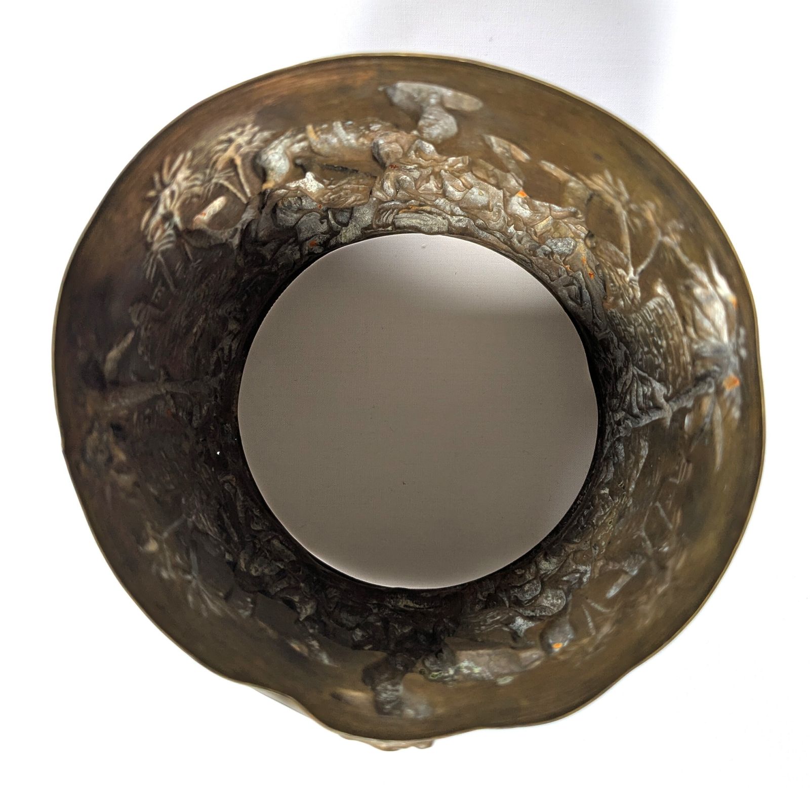 photo furniture Antique Orientalist Brass Cylindrical Repousse Desert Scene In High Relief