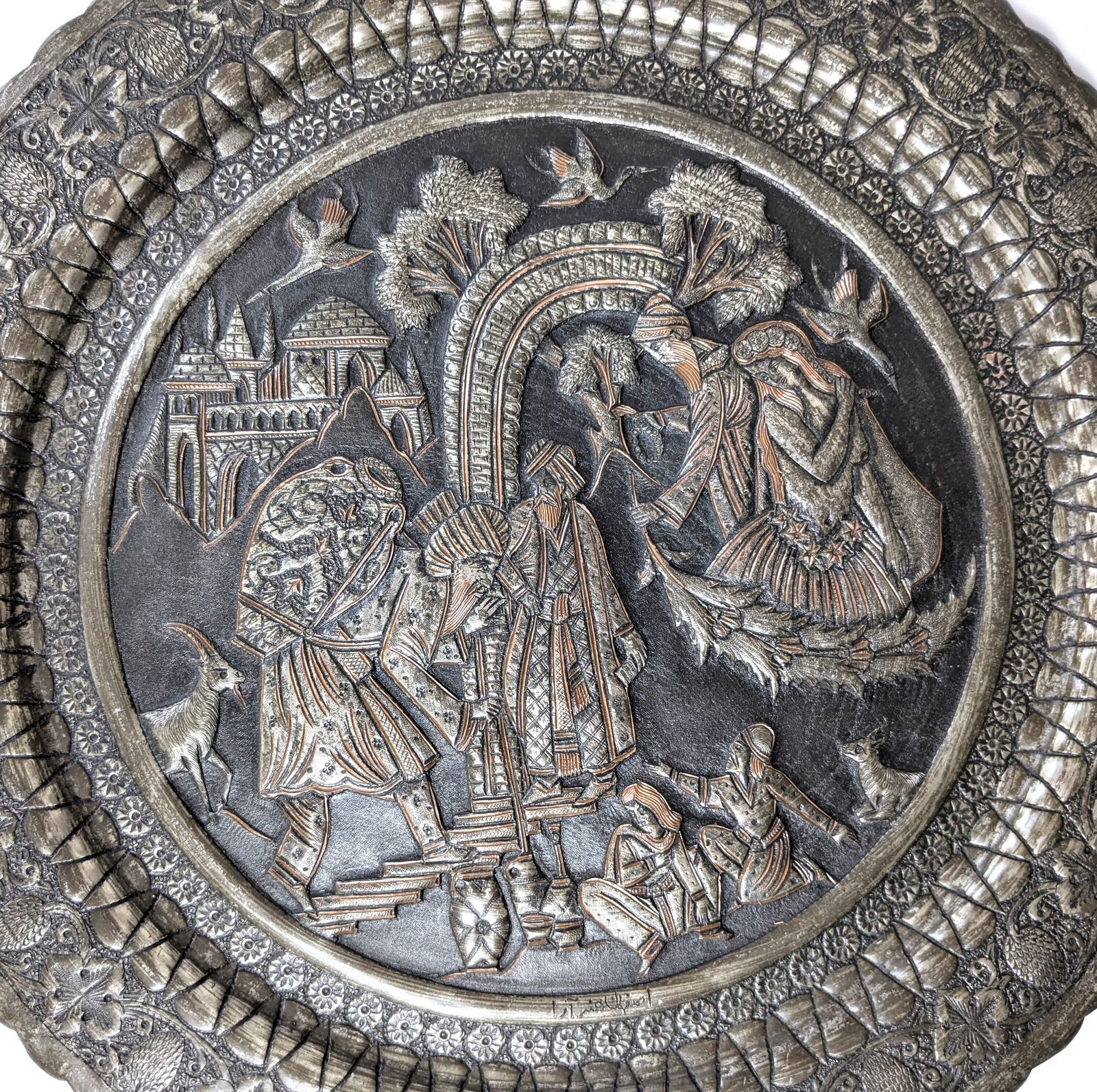 Antique Islamic Qajar Tinned Brass Charger With Intricate Hammered And Etched Scenery photo furniture
