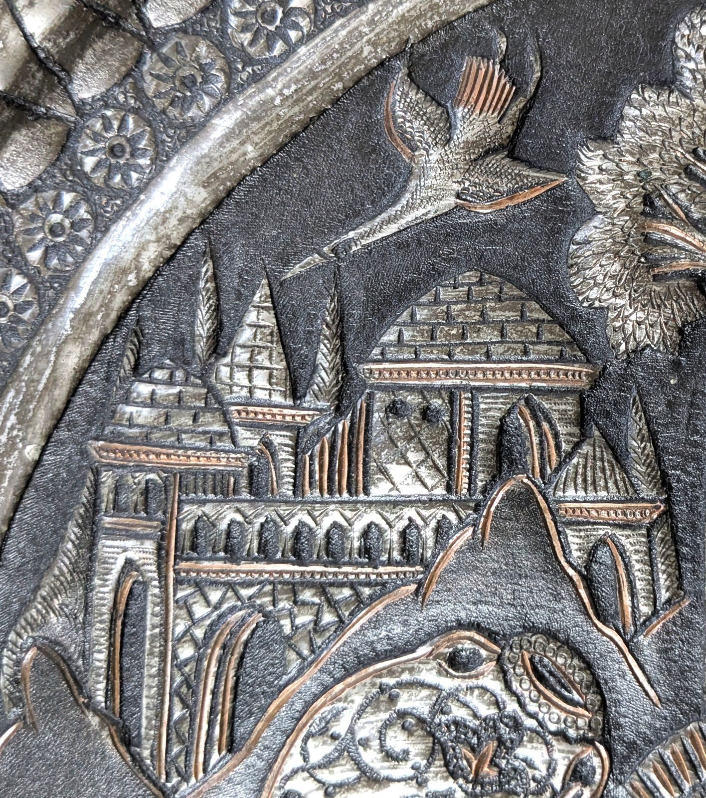 Antique Islamic Qajar Tinned Brass Charger With Intricate Hammered And Etched Scenery photo buy