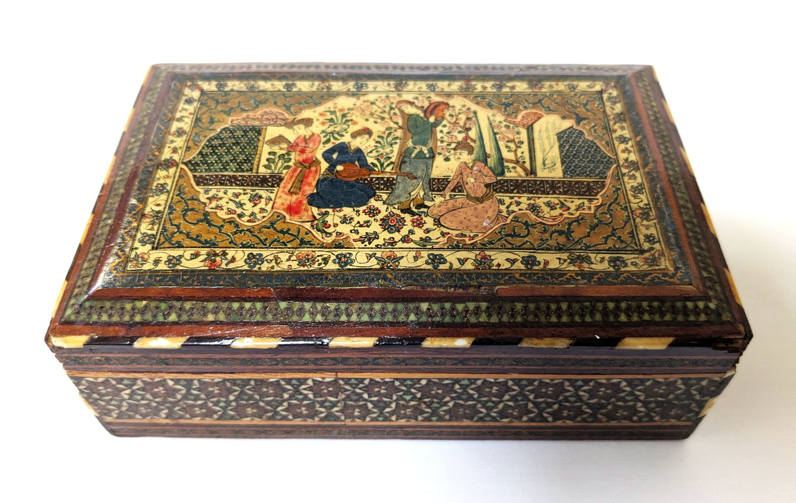 Antique Qajar Islamic Wooden Khatam Marquetry Box With Miniature Paintings photo for sale