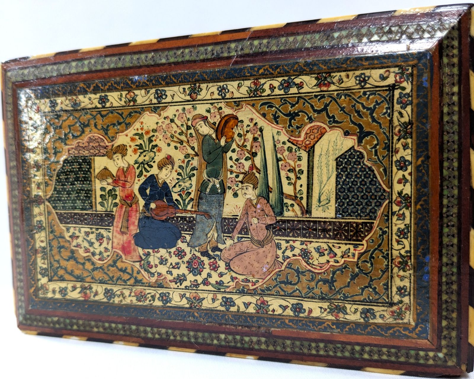 Antique Qajar Islamic Wooden Khatam Marquetry Box With Miniature Paintings photo vinterior