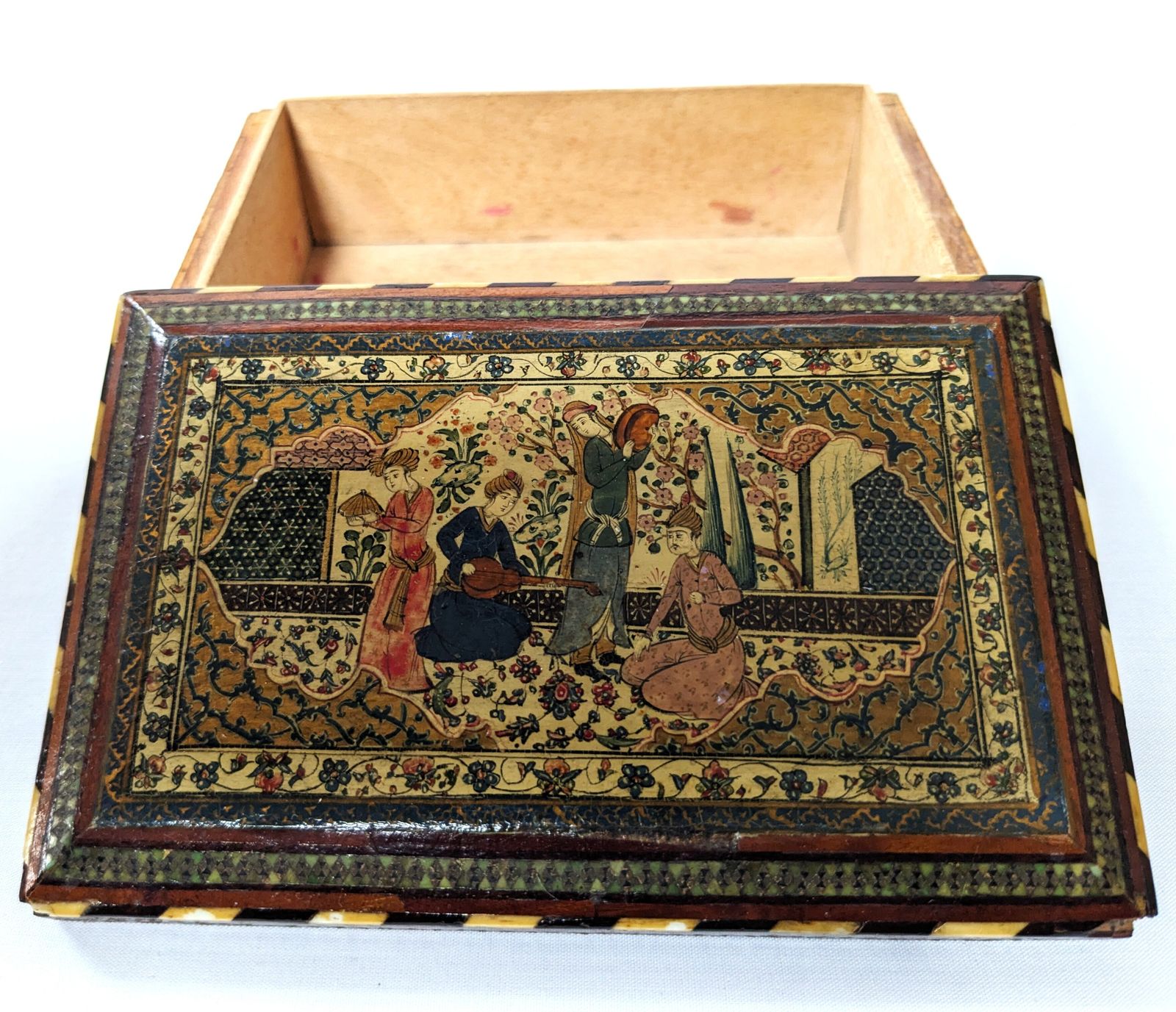 Antique Qajar Islamic Wooden Khatam Marquetry Box With Miniature Paintings photo buy