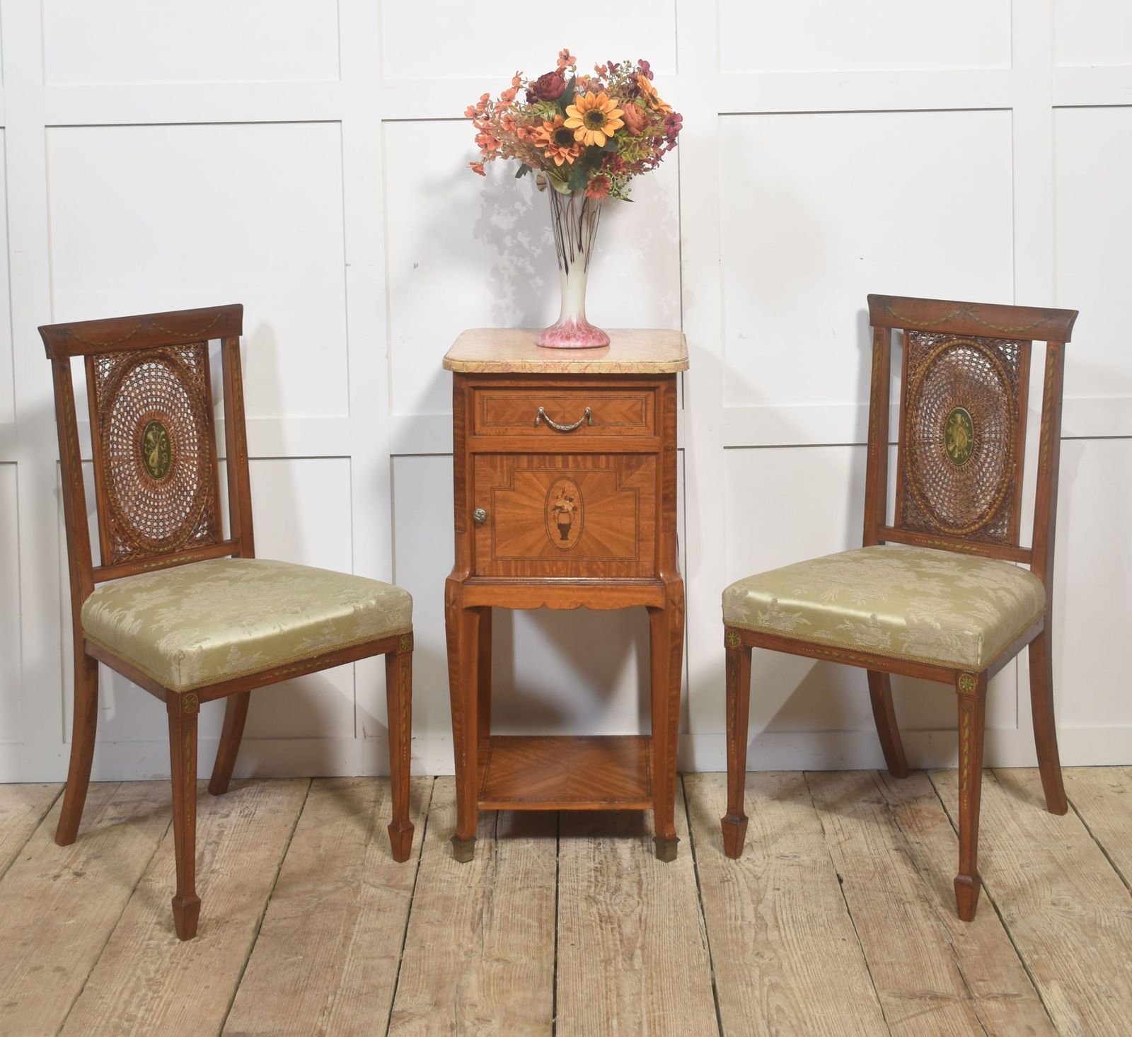 Pair Of Painted Edwardian Satinwood Cane Back Side Chairs photo for sale
