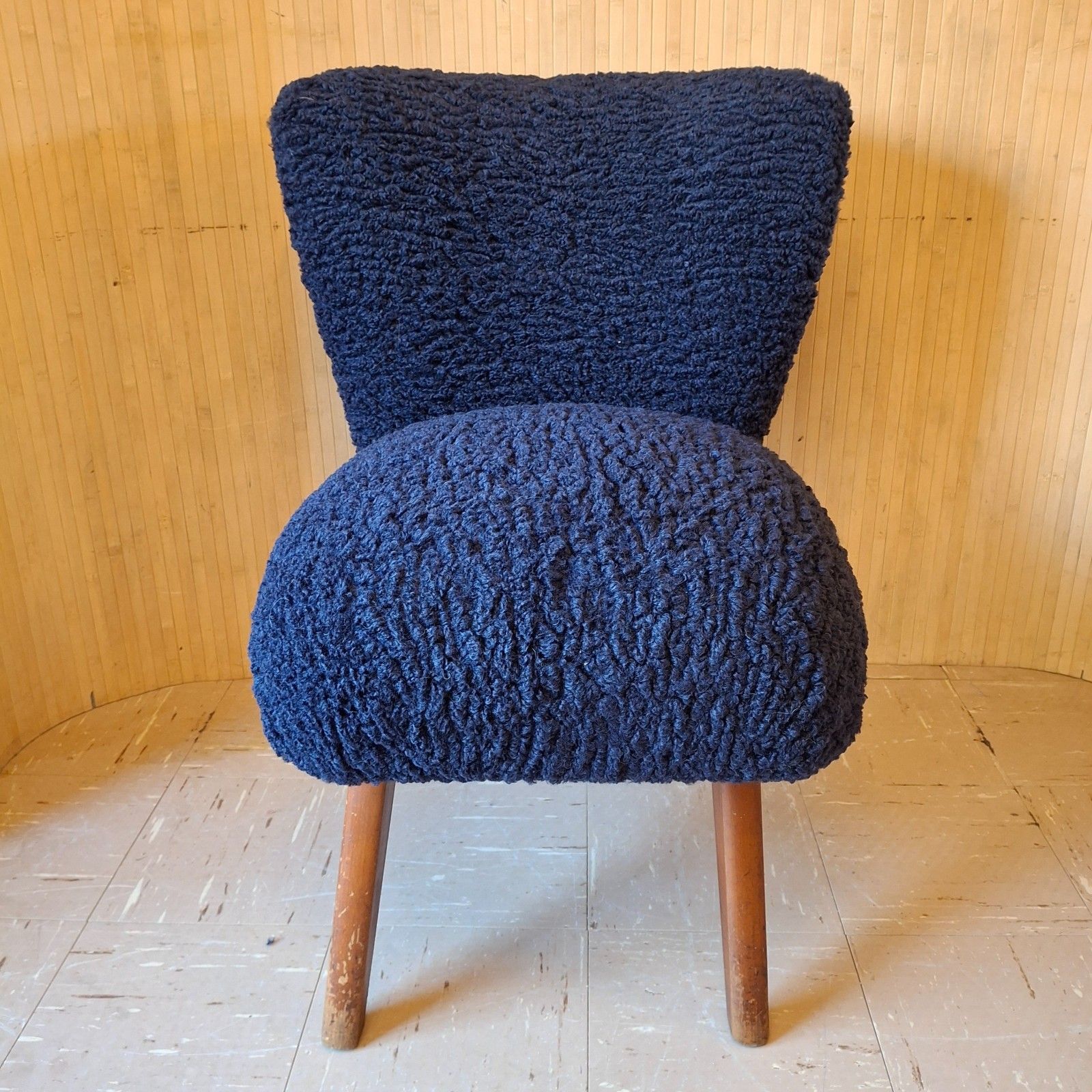 Fab Vintage Mid Century German Bartholomew Cocktail Chair Navy Ink Blue Faux Fur photo for sale